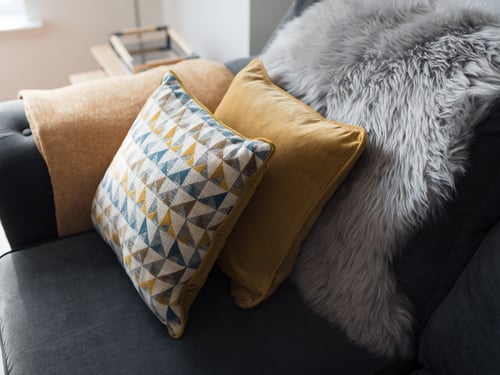 sofa with cosy cushions and throw